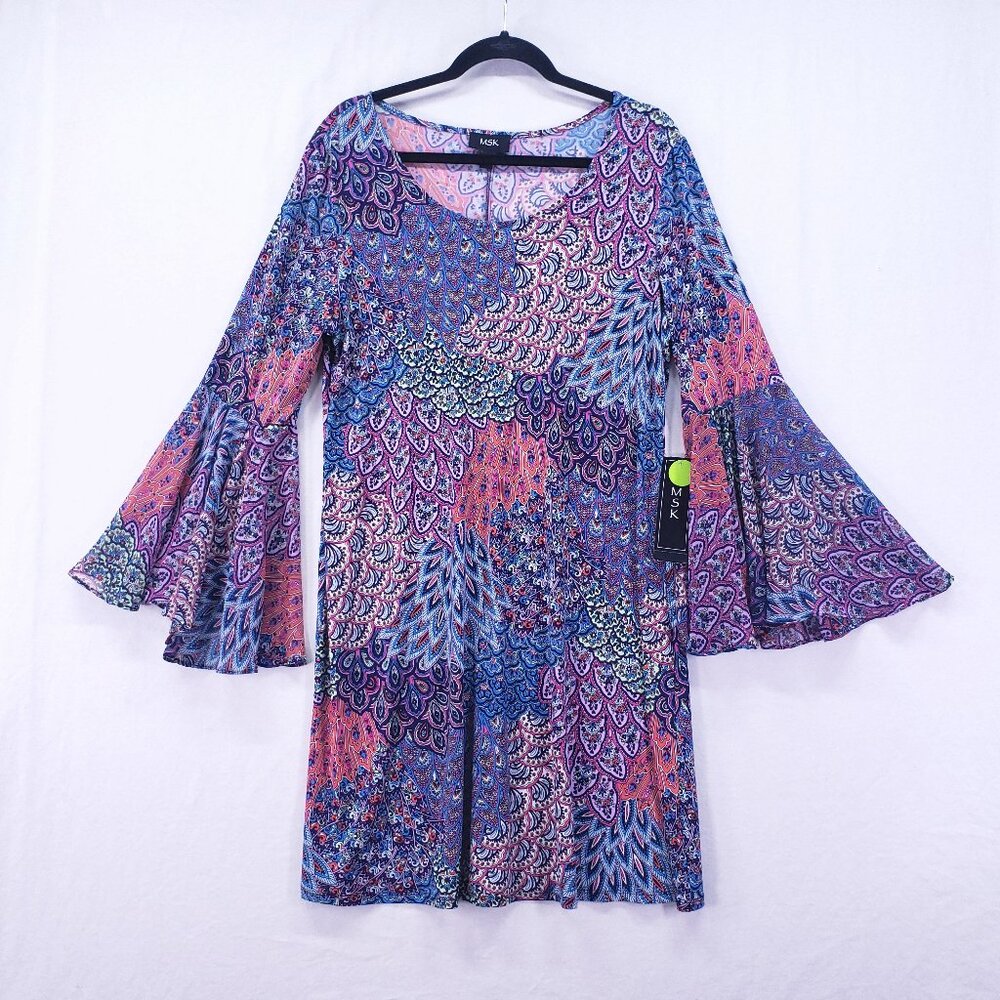 MSK Dress Colorful XL Bohemian Paisley Peacock Patchwork Bell Flared Sleeves